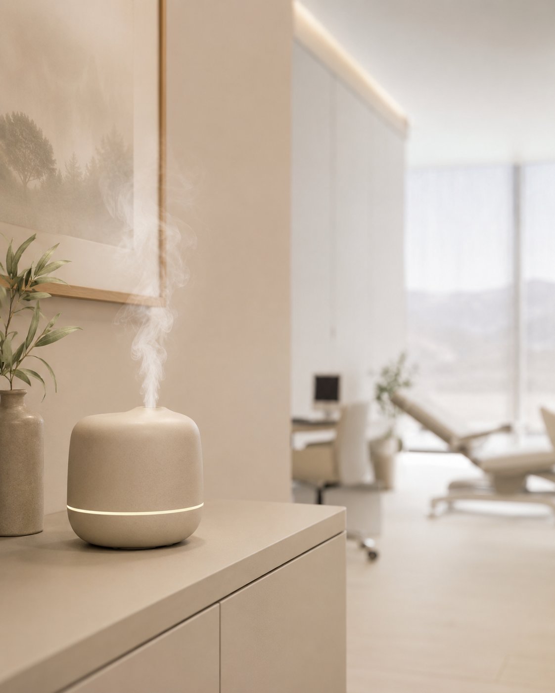 Difusor de aromas con vapor suave en la sala de TEA+