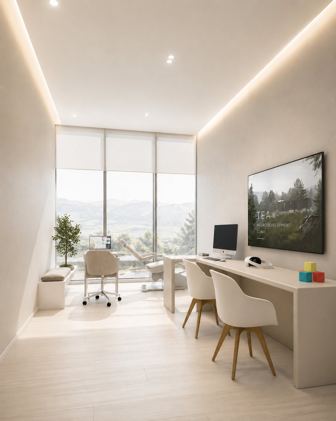 Consultorio de TEA+ con techo de luz que cambia de color, sillón de tratamiento y visor de realidad virtual