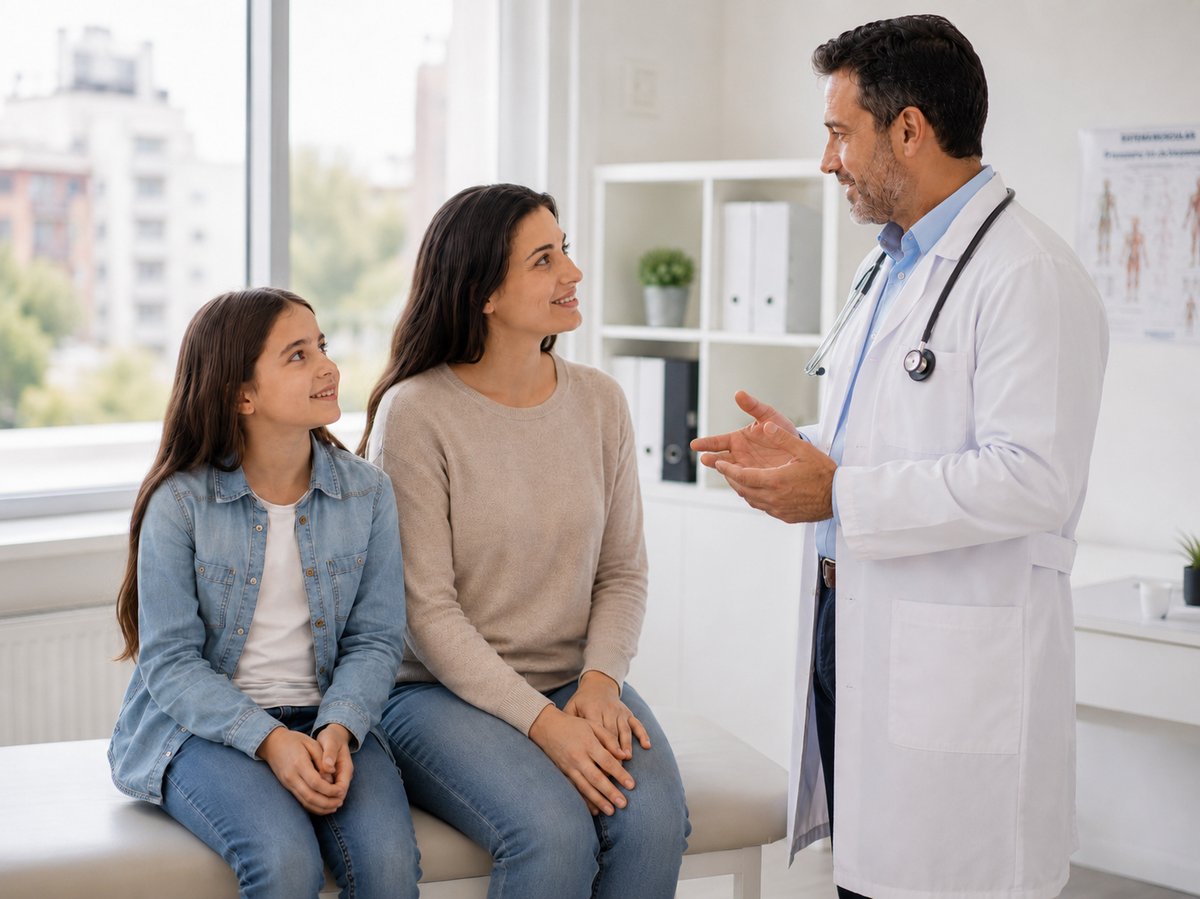 Un médico de TEA+ conversa con una mamá y su hija en el consultorio