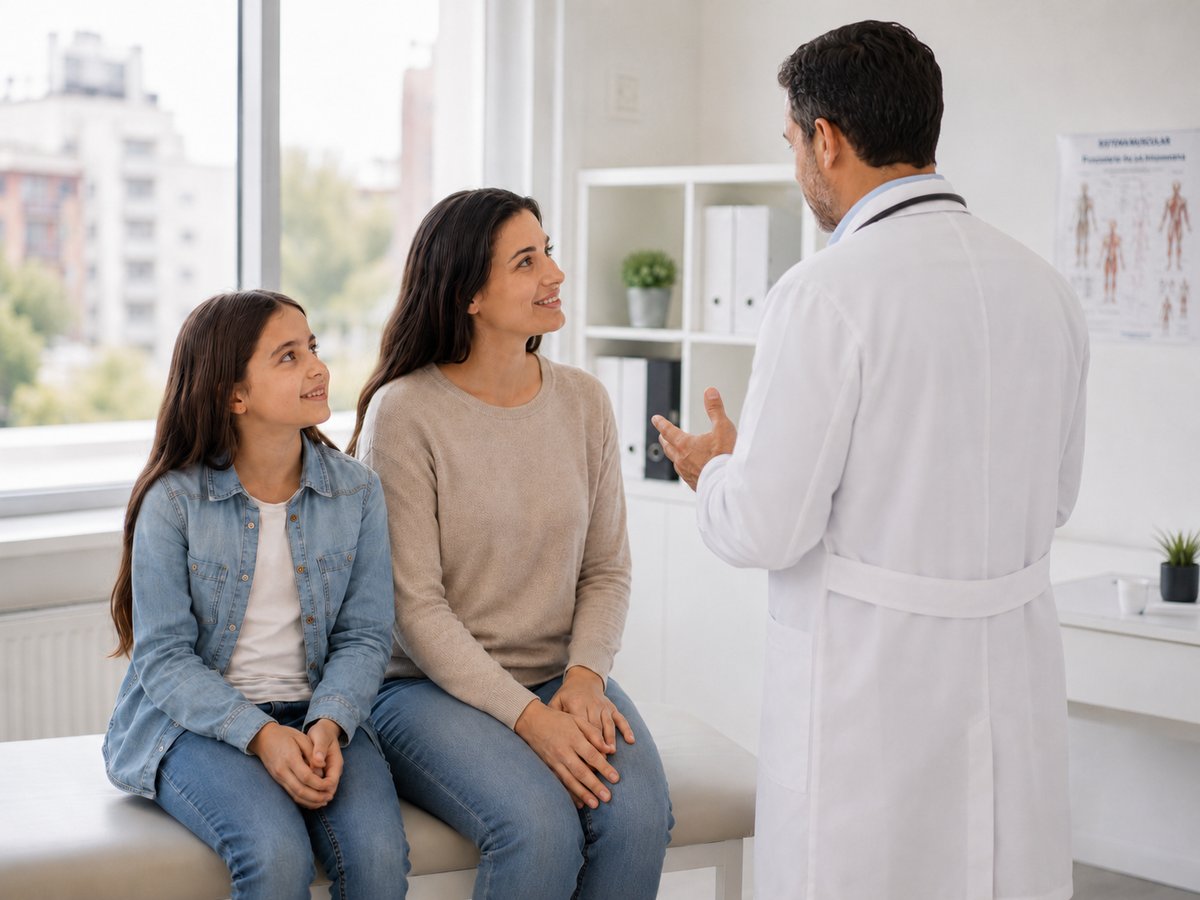 Un médico de TEA+ conversa con una mamá y su hija en el consultorio