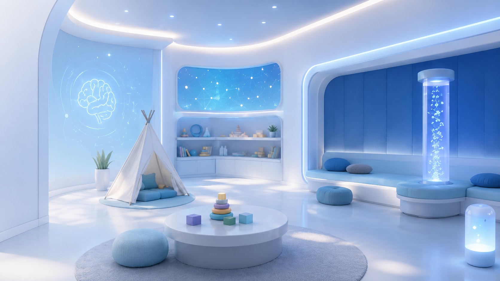 Sala sensorial de TEA+ con luz suave y espacios de juego