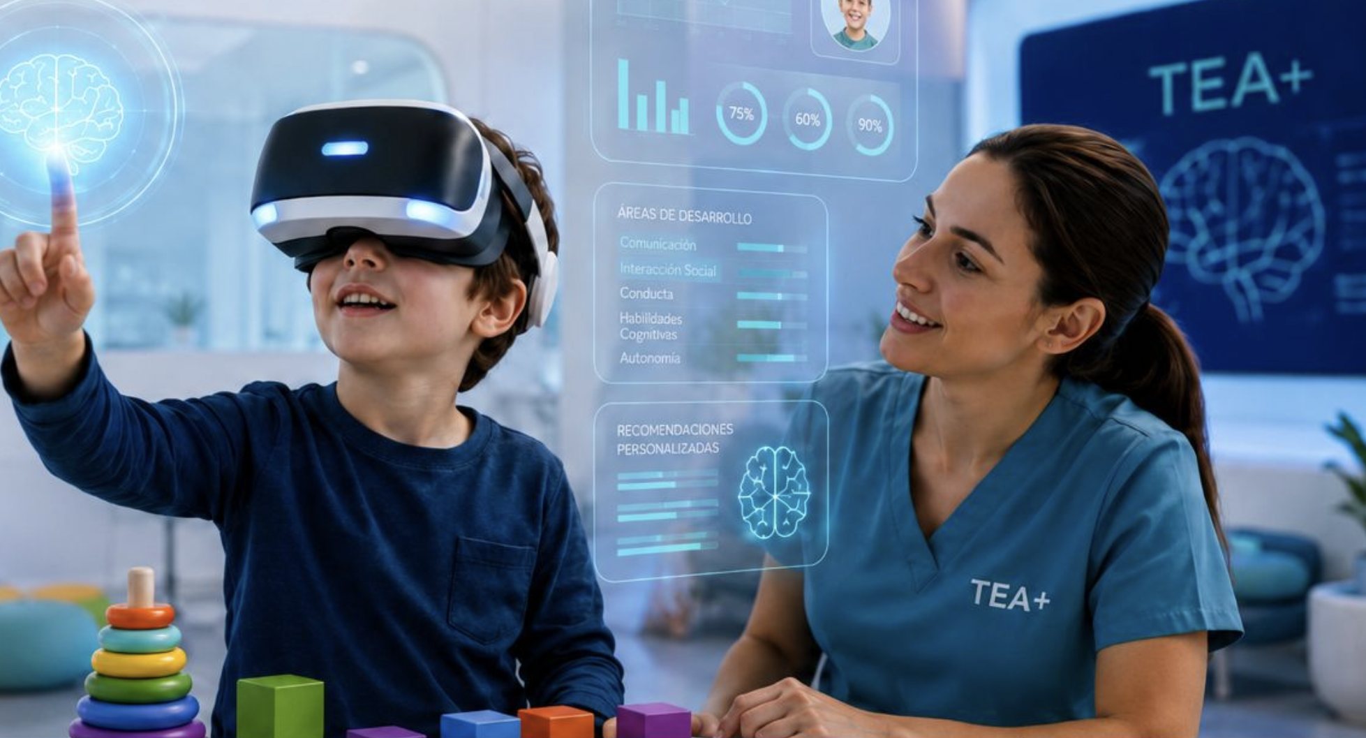 Un niño explora con realidad virtual junto a una profesional de TEA+