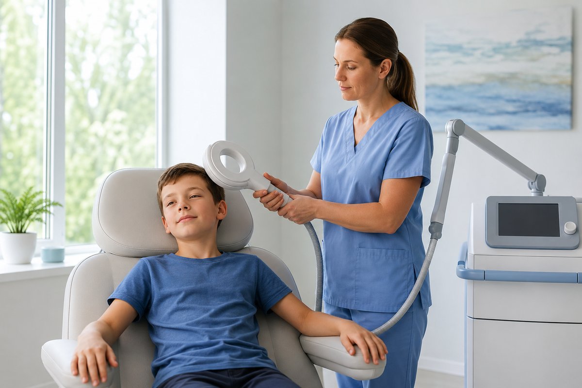 Profesional aplica estimulación magnética a un niño sentado y tranquilo en la clínica TEA+