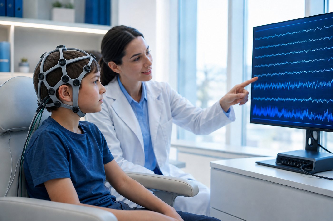 Niño con gorro de sensores de electroencefalografía mira sus ondas cerebrales en pantalla junto a un profesional