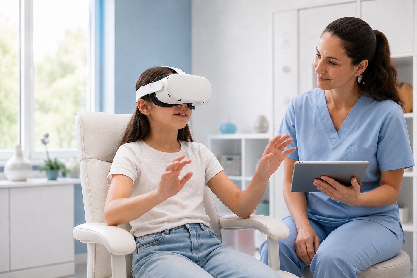 Nena usa un visor de realidad virtual junto a una profesional con tablet en la clínica TEA+
