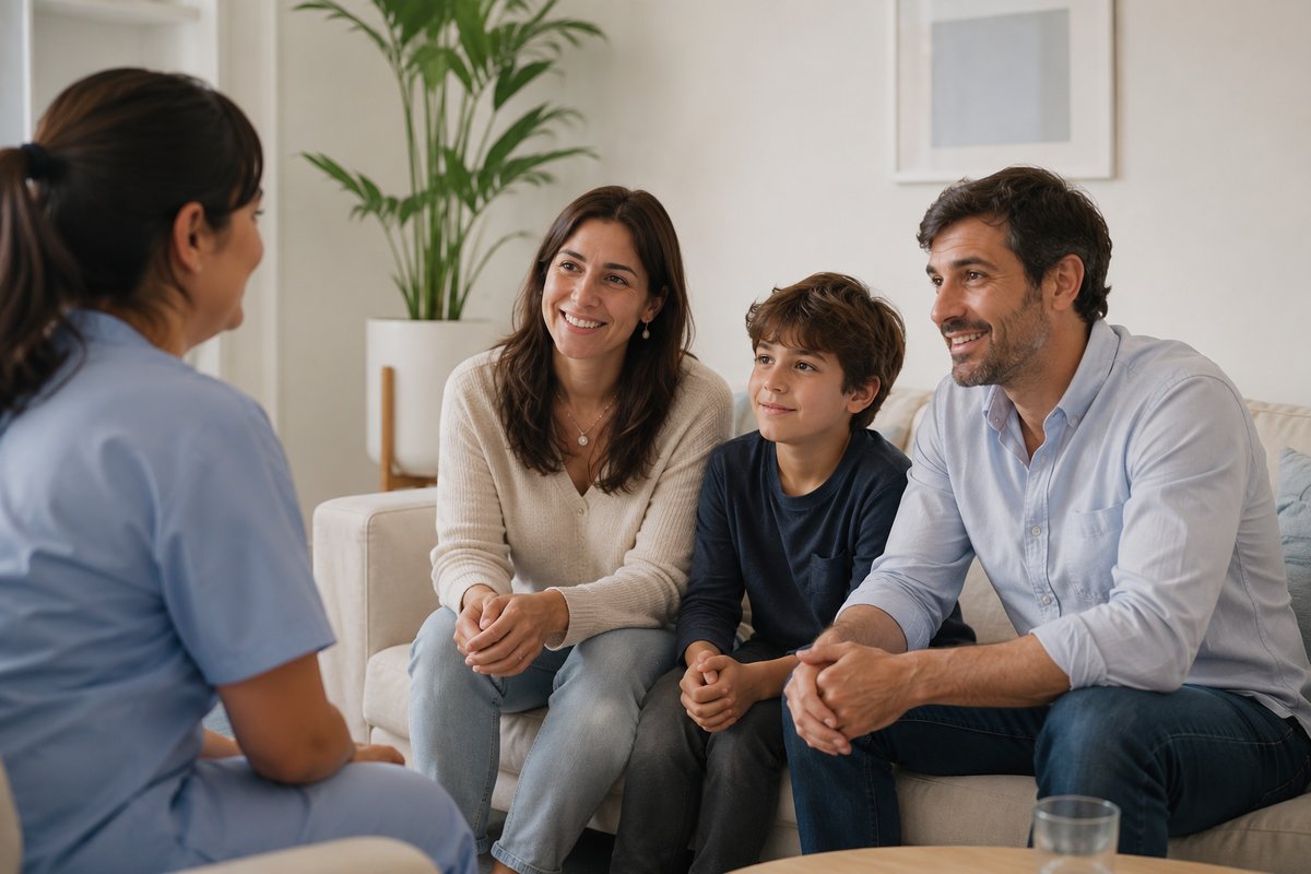 Familia conversando relajada con una profesional de TEA+ en la primera charla