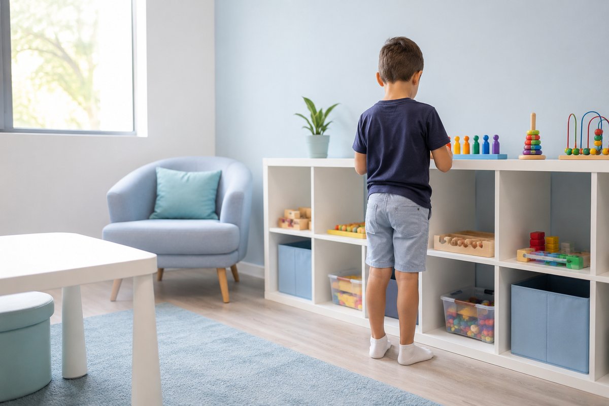 Niño explorando a su ritmo la sala de juegos y materiales de TEA+