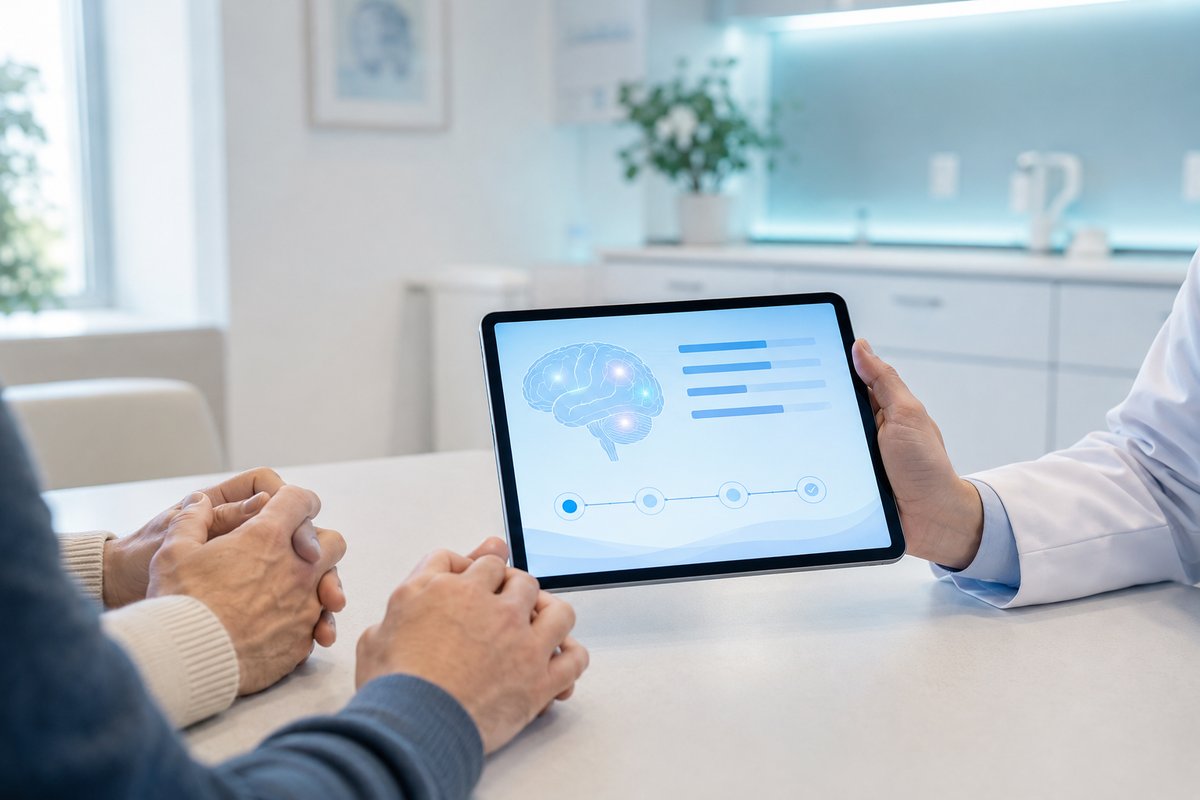Profesional muestra en una tablet el mapa del perfil y el plan a la familia